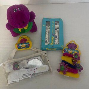 BARNEY SPOON& FORK set~ COMB/MIRROR/BOW set STUFF TOY 7"~& HAIR BOWS- MIRROR SET